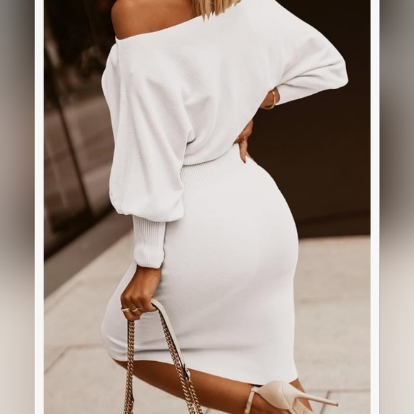 Dokotoo Women's Elegant Off Shoulder Long Lantern Sleeve Sweater Dress Elastic - Picture 6 of 6